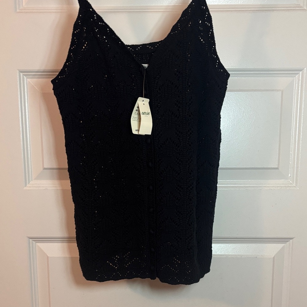 Aerie Black Crochet Sweater Button Tank Top SZ M Pointelle design boho crop NWT